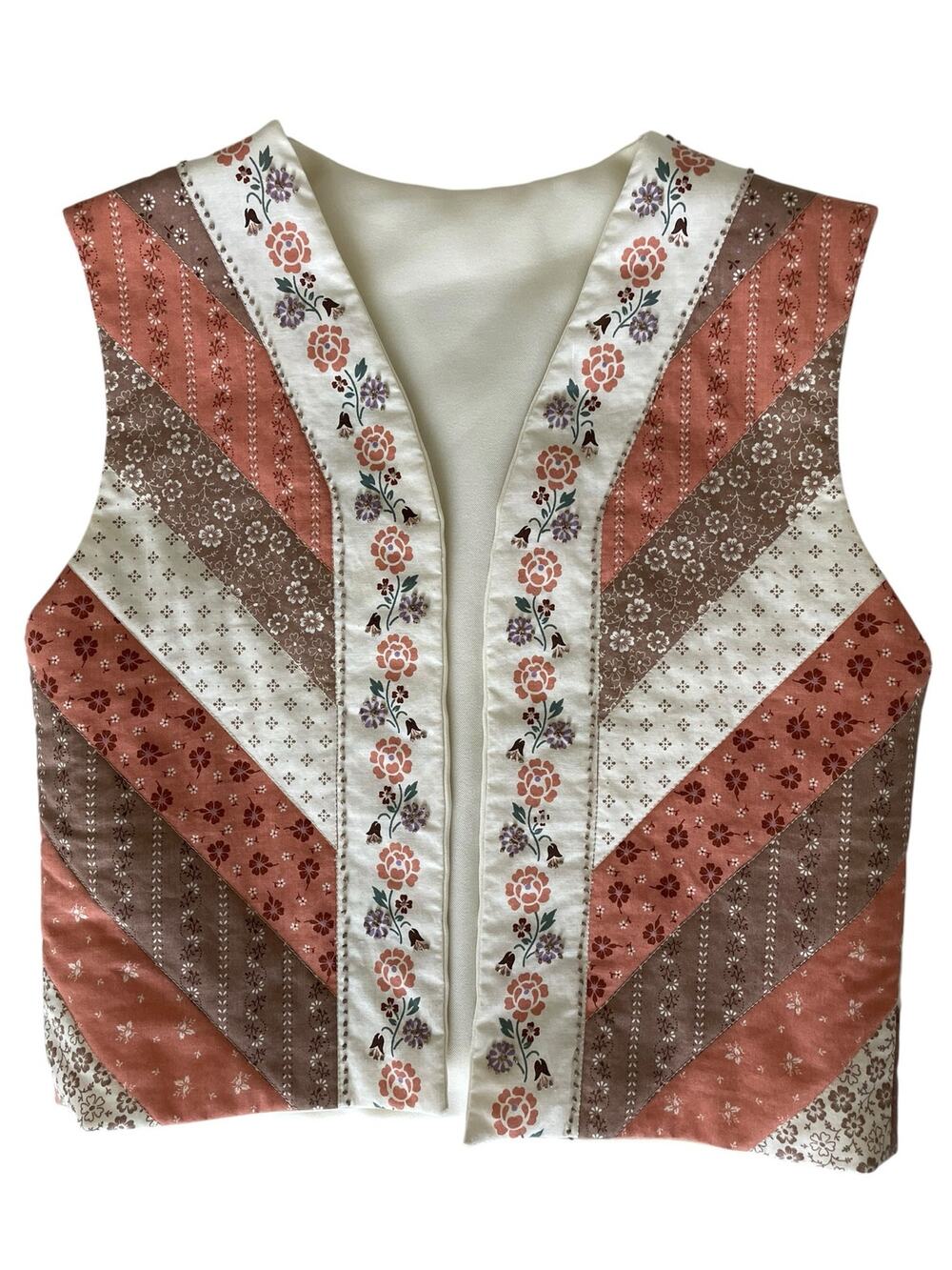 Handmade Vintage 1970s Boho Floral Patchwork Quilted Vest - Earthy Tones Small